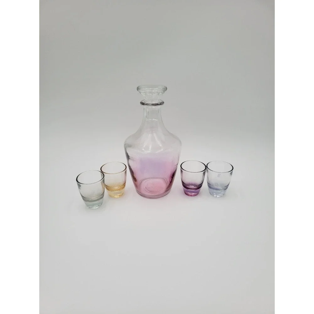 Parisienne Cordial Set Iridescent‎ Multi Color Glasses Pink Decanter France Vtg
